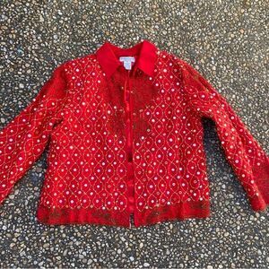 Vtg Drapers & Damon’s bright red ethnic beaded gold trim mirror disc jacket